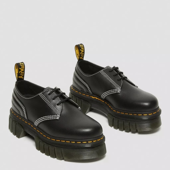 Dr. Martens Audrick White Stitch Black Leather Platform Shoes - Picture 1 of 10